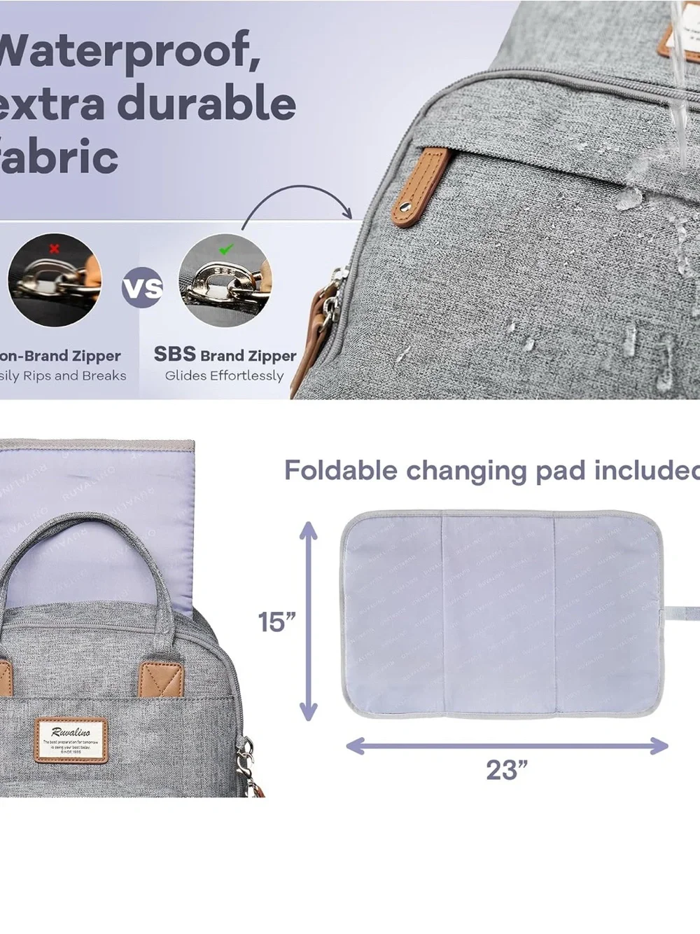 Baby Bag Backpack- Gray-SUPER VERSATILE- RUVALINO Diaper Bag Backpack NEW